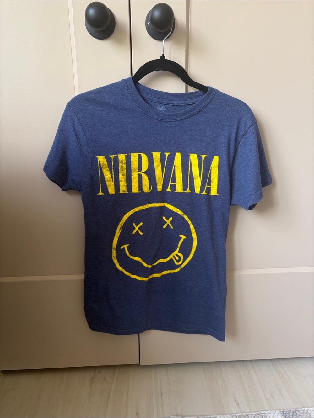 NIRVANA Navy Tee with White Smiley Graphic